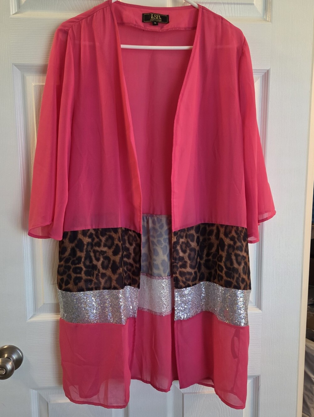 L&B Pink Sheer Duster with Leopard & Silver Sequin Trim